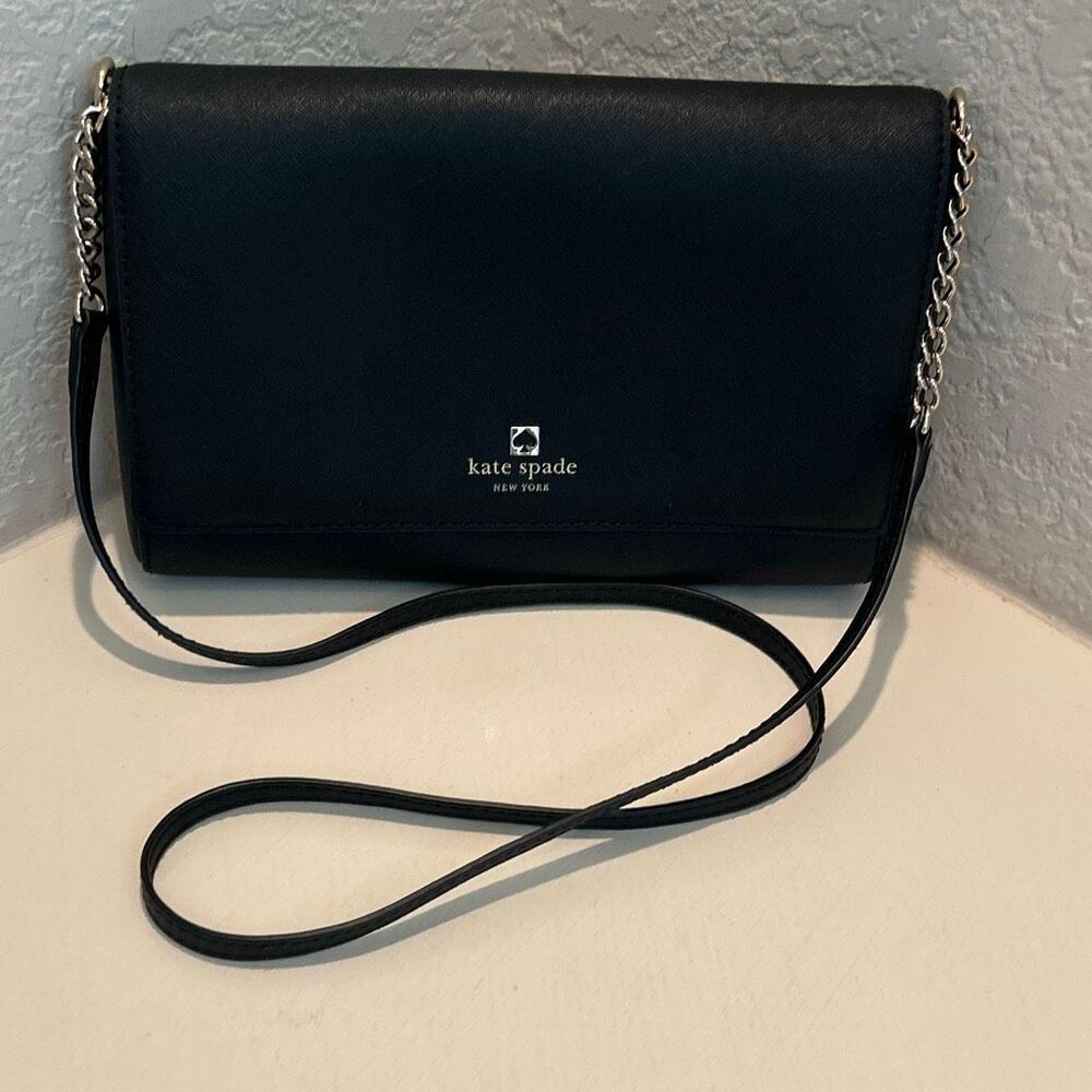 Kate Spade Saffiano Leather Black Crossbody Bag Purse Flap Front Chain Accent